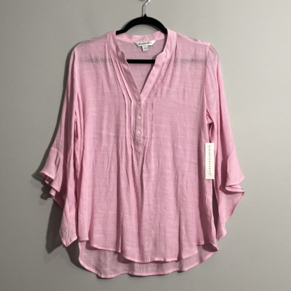 Counterparts Women's Pink Ruffle Bell Sleeve Blouse M V Neck Feminine Flowy